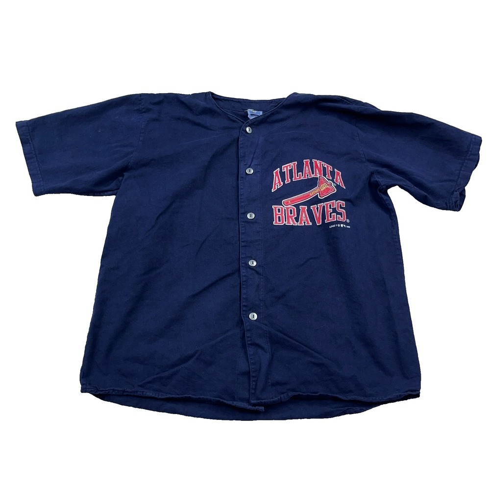Vintage Atlanta Braves Shirt Men Medium Blue 90s Baseball Jersey Tamahawk MLB